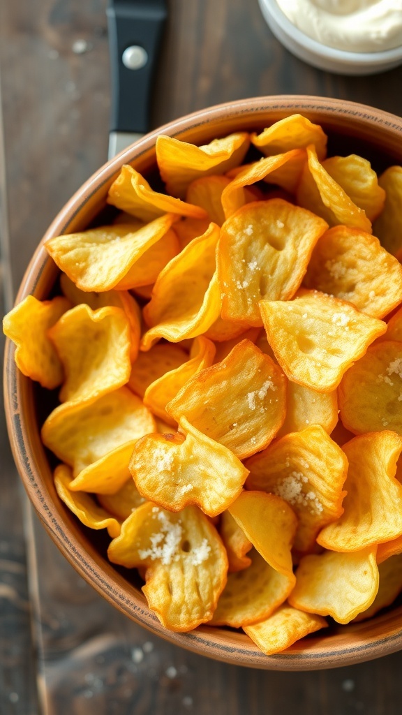 Classic 1970s Potato Chips Recipe A bowl of crispy homemade potato chips on a wooden table with a dip.